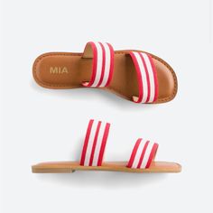 Never Worn. Bright Red And White Stripes. Red Flat Slides For Spring, Red Slides With Round Toe For Vacation, Red Slides For Spring Vacation, Red Open Toe Flip Flops For Spring, Red Synthetic Slides For Summer, Red Slip-on Flip Flops For Spring, Red Slides For Summer Vacation, Red Flat Slides For The Beach, Red Flat Flip Flops For Spring