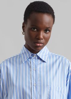 Georgia Boxy Shirt - Sky Blue/White Stripe – The Frankie Shop Blue Office Shirt With Striped Collar, Blue Shirt With Striped Collar For Daywear, Blue Shirt With Striped Collar For Office, Boxy Shirt, The Frankie Shop, Frankie Shop, Oversized Fits, Drop Shoulder, Sky Blue