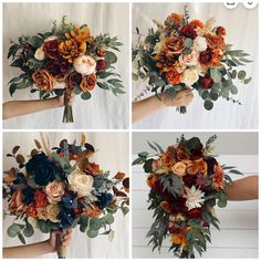 four pictures of different flowers and leaves arranged in the shape of a bridal bouquet