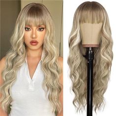 This Long Wavy Wig Is Made Of 100% Heat-Resistant High-Quality Synthetic Fiber. Mixed With Imported Synthetic Fiber, It Is Not Easy To Knot, Lightweight, Soft, And More Durable. It Adds A Special Production Process To Make The Hair More Fluffy And Natural. Suitable For Long-Term Use. The Wig With Bangs Is Easier To Wear And Suitable For Daily Look. Cute Bangs Can Modify Your Face Shape And Hairline, And You Can Freely Trim The Length Of Your Bangs According To Your Own Needs And Preferences. In Blue Ombre Wig, Dark Brown Hair Extensions, Cute Bangs, Long Wavy Wig, Yellow Blonde, Grey Blonde, Luxy Hair, Ponytail Wig, Wavy Wigs