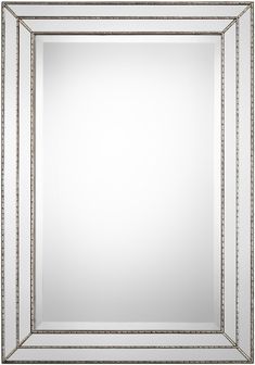 a square mirror with beaded trimmings on the edges and an ornate frame