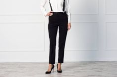 High Waist Black Pleated Pants by TAVROVSKA, Black Formal Slim Fit Trousers Black Trousers Women, Office Women, Pencil Silhouette, Suspenders For Women, Suspender Pants, Black Formal, Black Work, Suit Trousers, Womens Pants