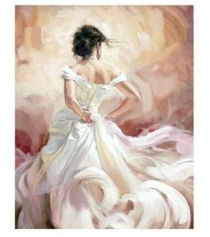 a painting of a woman in a white dress with her back turned to the camera