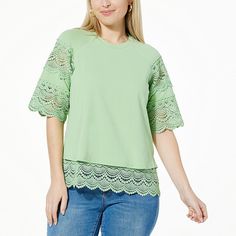 DG2 by Diane Gilman Lace Trim Short-Sleeve Easy Top   Life can be complicated, but fashion doesn't have to be. Our best-selling Easy Tank from Diane Gilman gets a fresh, seasonal update with feminine floral lace and elbow-length sleeves. Spring Green T-shirt With 3/4 Sleeve, Green Casual T-shirt With 3/4 Sleeve, Spring Crew Neck Blouse, Green Crew Neck Blouse For Spring, Green Half Sleeve Tops For Spring, Spring Stretch Half Sleeve Tops, Spring Half Sleeve Stretch Tops, Stretch Half Sleeve Tops For Spring, Green Half-sleeve Blouse For Spring