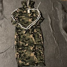 New - Hooded, Camo Dress W/ Pockets And Stripes Down Sleeves Size 12 - Machine Washable Cute, Cute, Cute! Get Ready For Spring!! Casual Camouflage Dress For Fall, Casual Camouflage Dresses For Fall, Casual Camouflage Fall Dresses, Gold Sweater Dress, Denim Bodycon Dress, Peach Color Dress, Blue Jean Dress, White Sweater Dress, White Vintage Dress