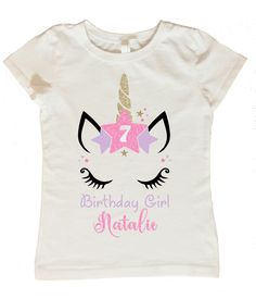 Dress up your little girl for her birthday with a personalized Unicorn birthday shirt! These shirts are 100% cotton and are created using heat pressed vinyl. This unicorn shirt is decorated with stars and is personalized with your child's name and age. We have the following sizes available: 2T 3T Youth XS (Equivalent to size 3/4) Youth S (Equivalent to size 6/6x) Youth M (Equivalent to size 7/8) Youth L (Equivalent to size 10/12) Youth XL (Equivalent to size 14/16) Personalization During checkou Unicorn Birthday Shirt, Hair Style Girl, Girl Tribe, Girls T Shirts, Twin Birthday, Unicorn Shirt, Heat Press Vinyl, Birthday Tshirts, Unicorn Birthday Parties