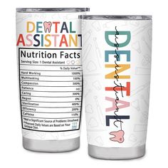 two stainless steel tumblers with the words diet assistant and nutrition fact on them are shown