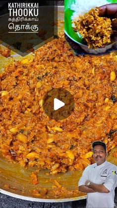 a man standing in front of a large bowl filled with food