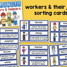 some cards with words and pictures on them that say, volunteers and their jobs sorting cards