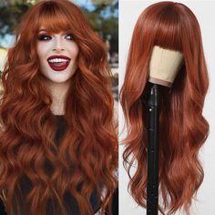 PRICES MAY VARY. ✨MATERIAL: The long reddish brown wavy wig is made of high-quality heat resistant synthetic fiber wig and stands heat up to 150°c(300°f). soft touching even better than your own hair, skin-friendly and soft hair made the wig very comfortable.More durable,You can easily wear it all day.And Has a realistic look. ✨ Wig Type: This long auburn curly wig with bangs, length of 26 inch wig for white women hair has a color that is popular among women. Compared with other curly hair, the 26 Inch Wig, Copper Wig, Auburn Wigs, Ginger Ombre, Curly Hair Wigs, Wigs For White Women, Synthetic Curly Hair, Wavy Wigs, Brown Copper