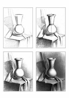 four different views of vases in black and white, each with one being drawn