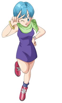 an anime character with blue hair and green scarf on her head, wearing purple shoes