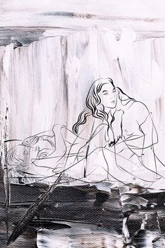 a black and white drawing of a woman in the water