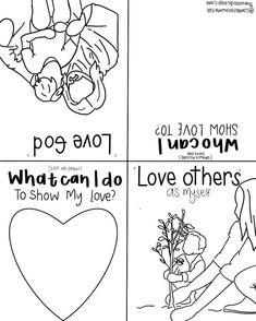 three coloring pages with different words and pictures on them, one has a heart in the middle