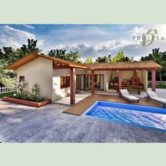 a house with a swimming pool in front of it and a patio area next to it