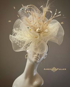 Aimee Fuller Kentucky Derby Fascinator A symphony of luxurious cream ruffles    Headband fascinator with beautiful swirls of patterned crinoline and veiling; lovely from every angle! Includes rainbow polka dots on veiling and hand-cut feather frenzy. Matching Joseph Ribkoff dress and jewelry AVAILABLE and sold separately. We have many dresses matched with our hats and can sell them as such. Please inquire. Can be worn to a myriad of events: Royal Ascot, Easter, Bridal, Derby-Wear, Del Mar Races, Hat Contests, Church, Gala, Kentucky Derby, Melbourne Cup, High Tea, Weddings, Cocktail Parties, Weddings, and More.  Some customization available; please message with your requests to see if we can meet your needs. *FREE SHIPPING  For more STATEMENT JEWELRY and HANDMADE HATS go to www.aimeesfuller White Fascinator, Headband Fascinator, Easter Hat, Kentucky Derby Fascinator, Happy Hat, Rainbow Polka Dots, Bridal Fascinator, Derby Fascinator, Joseph Ribkoff Dresses