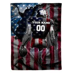 an american flag with a football player on it