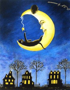 a painting of a woman sitting on the moon with her eyes closed, reading goodnight facebook land