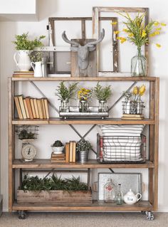 an old bookcase is filled with flowers and plants in vases on top of it