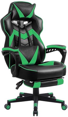 a black and green office chair with wheels