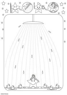 a coloring page with an image of a shower head and stars on the ceiling, in black and white