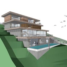 an architectural rendering of a house on top of a hill with seagulls flying around