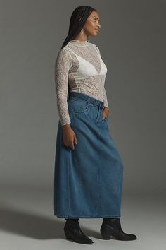 65% cotton, 35% Tencel Button front Machine wash Imported | Barrel Denim Midi Skirt by Pilcro in Blue, Women's, Size: 2, Cotton/Tencel at Anthropologie Denim Midi Skirt, Midi Skirt, Barrel, Anthropologie, Size 2, Skirt, Blue