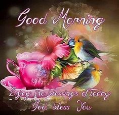 two birds sitting on top of a pink flower with the words good morning written below