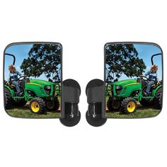 two mirrors showing the reflection of a man on a green tractor and trees in the background