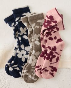 Ward off winter in these cozy socks with a cheery floral pattern. Crafted in a luxurious blend of merino wool and cashmere that wicks moisture away for all-day comfort, with nylon and spandex for durability and shape-retaining stretch. Exclusive. Seamless toe construction. USA. Flannel Bedding, Floral Socks, Eileen Fisher Shoes, Quilted Duvet Cover, Cozy Socks, Bedding Basics, Garnet Hill, Sock Shop, Sweater Sale