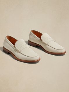 A time-honored classic, this classic loafer comes to life, ready for all seasons with a luxurious, Italian suede.  Italian suede uppers.  Slip-on styling.  Blake-stitch leather soles.  Made in Portugal.  Whole and half sizes. Smart Casual Shoes For Men, Wedding Men Shoes, Smart Casual Shoes, White Dress Shoes Men, Beach Wedding Men, Casual Shoes For Men, White Dress Shoes, Penny Loafer, Stitching Leather