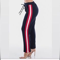 Striped Trouser Pants With Cuffed Hem. Stretch Fit. Drawstring Waist And Suppress Front Pockets. Faux Back Pockets. Comfy Fit And Pair Great With Sneakers, As Workwear Or With Heels. Navy High Waist Sporty Pants, Casual Workwear Bottoms With Side Stripes, High Waisted Palazzo Pants, Side Stripe Trousers, Paper Bag Waist Pants, Striped Pant, Khaki Trousers, Style Reference, Yellow Pants