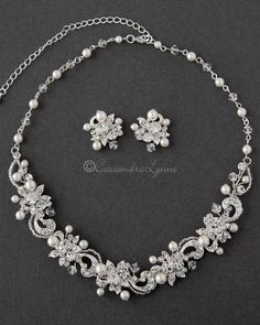 Crystal and Pearl Floral Bridal Necklace Set - Cassandra Lynne Rustic Wedding Jewelry, Crystal Wedding Necklace, Silver Jewelry Accessories, Wedding Necklace Set, Simple Silver Jewelry, Bridal Pearl Necklace, Bridal Necklace Set, Pearl Necklace Wedding, Bridal Fashion Jewelry