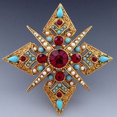 VINTAGE CORO MALTESE CROSS RUBY RED RHINESTONES PEARLS TURQUOISE BROOCH PIN Sri Ram, Antique Fashion, Antique Brooches, Ancient Jewelry, Art Deco Engagement Ring, Cross Jewelry, Pin Jewelry, Red Rhinestone