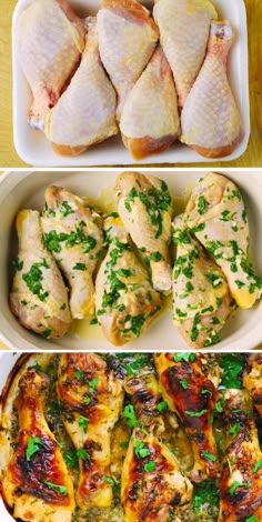 four different types of chicken in pans