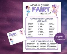 an image of a printable fairy name sheet with the text what's your fairy name?