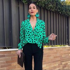 Zara Polka Dot Black Green Blouse Xs /Mn Flowy Lapel Blouse With Deep Neckline And Long Sleeves. Front Wrap Closure With Tie And Button. Polka Dot Long Sleeve Blouse For Work, Polka Dot Blouse For Office In Fall, Elegant Polka Dot Blouse For Work, Polka Dot Long Sleeve Tops For Party, Polka Dot Long Sleeve Party Tops, Chic Polka Dot Blouse For Workwear, Elegant Polka Dot Tops For Work, Elegant Polka Dot Party Tops, Zara Chic Polka Dot Blouse