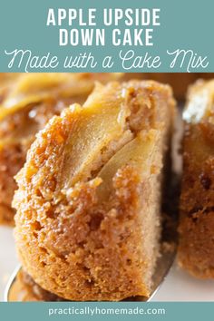 an apple upside down cake on a spoon with the words, made with a cake mix