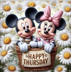 two mickey and minnie mouses holding a happy thursday sign with daisies in the background