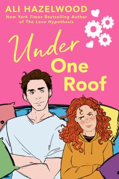 the cover of under one roof by ali hazelwood, featuring two people sitting on a couch