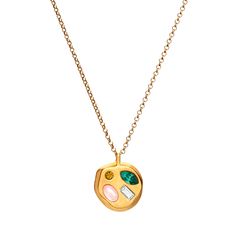 a gold necklace with two different colored stones on the front and one in the middle