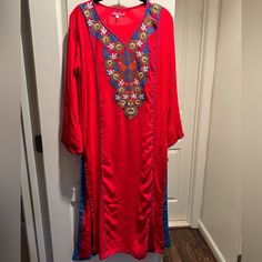 Size Large Red Shalwar Khameez Top Pakistani Or Indian Or Bangladeshi Style Kashmala Collection Chest Size 40 Inches Red And Blue Pattern No Pants Or Scarf In Excellent Condition Never Worn Georgette Tunics, Silk Tunic Top, Jaguar Print, Peasant Shirt, Lace Trim Top, Crochet Tunic, Cuddl Duds, African Style, Black Tunic