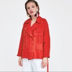 Linen Jacket With Utility Pockets And Optional Waist Tie. There Is A Zipper. The Color Zara Calls “Light Red” But Is More A Tomato Orangey Red. Really Great Piece The Way It Hangs On The Body. Just Needs To Be Steamed. Casual Red Collared Outerwear, Trendy Red Collared Outerwear, Trendy Oversized Red Outerwear, Casual Red Outerwear With Lapel Collar, Red Long Sleeve Outerwear With Pockets, Red Outerwear With Lapel Collar For Fall, Red Lapel Collar Outerwear For Fall, Zara Long-sleeved Utility Jacket For Fall, Red Spring Outerwear With Pockets