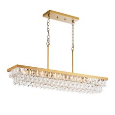 a large rectangular chandelier with crystal drops hanging from it's golden frame