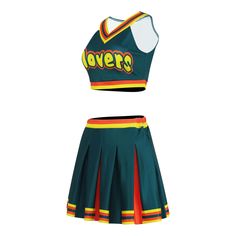 a women's cheer uniform with the number twenty five on it and an orange, yellow