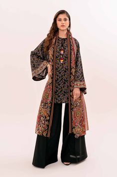 Nishat Linen 42302159 Eid Rung Freedom To Buy Collection Bohemian Sets With Digital Print In Patterned Color, Bohemian Patterned Sets With Digital Print, Bohemian Black Sets With Printed Motifs, Black Long Sleeve Sets With All Over Print, Cotton Sets With Printed Motifs For Fall, Multicolor Paisley Print Sets For Spring, Black Linen Suit, Pakistani Winter Dresses, Nishat Linen