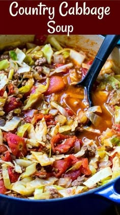 a blue pot filled with cabbage and meat soup