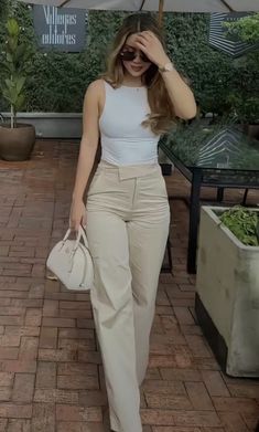 Formal Outfit Poses For Women, White Pants And Top Outfit, Biege Outfits Formal Woman, Old Money Beige Pants, Tan Top Outfit, Chic Fitted Beige Corset, Fitted Beige Wide-leg Pants, Beige Fitted Wide-leg Pants