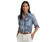 LAUREN Ralph Lauren Classic Fit Patchwork Floral Voile Shirt - Women's Clothing : Blue/Cream : Embrace feminine elegance wearing the Lauren Ralph Lauren Classic Fit Patchwork Floral Voile Shirt. The intricate patchwork of floral motifs creates a charming aesthetic, while the pointed collar and long sleeves with buttoned barrel cuffs offer a classic look. Complete with two chest box-pleated buttoned-flap patch pockets, a box-pleated back yoke, and a shirttail hem, this shirt is perfect for any occasion. Straight fit. Buttoned front closure. Lauren Ralph Lauren-engraved buttons. Intended to hit on the hip. 100% cotton. Machine washable. Imported. Elegant Shirt With Floral Print And Spread Collar, Elegant Printed Blouse With Spread Collar, Floral Print Spread Collar Blouse For Daywear, Daywear Blouse With Floral Print And Spread Collar, Floral Print Blouse With Spread Collar For Daywear, Floral Print 3/4 Sleeve Workwear Top, Floral Print 3/4 Sleeve Tops For Work, Elegant Blouse With Floral Print And Spread Collar, Floral Print Shirt With Spread Collar For Work