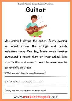 a worksheet with the words guitar and an image of a man playing the guitar